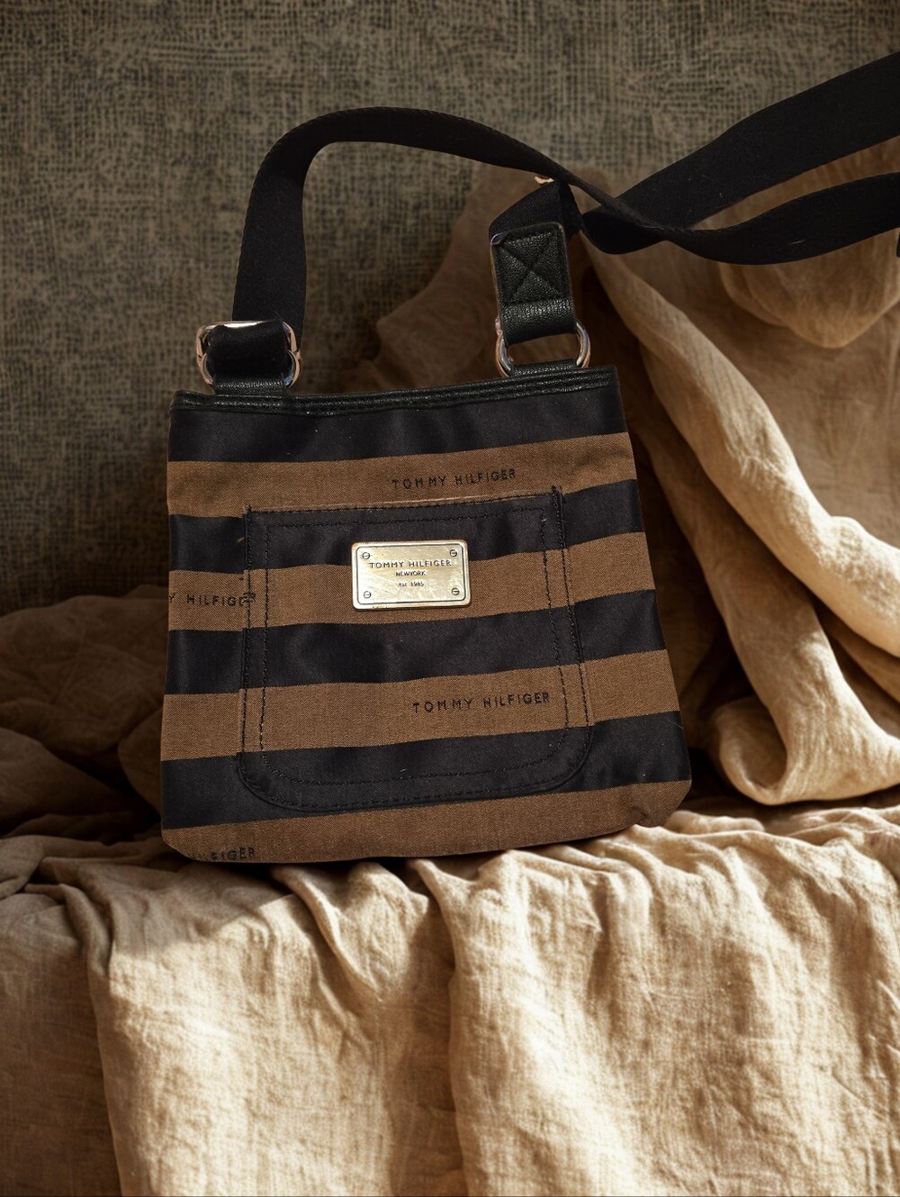 Tommy Hilfiger Black & Brown Striped Messenger Crossbody